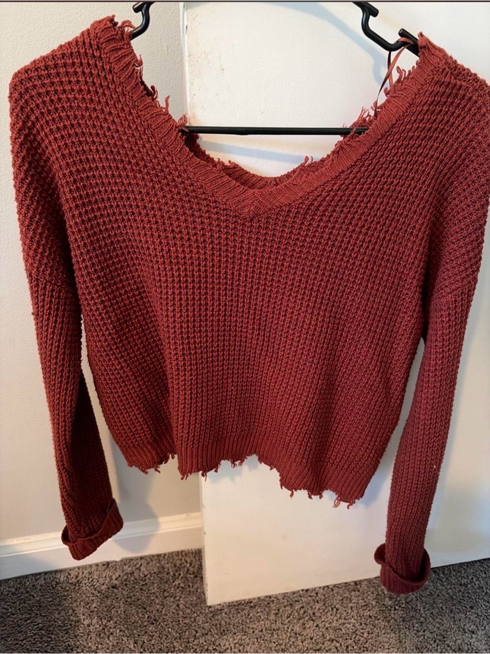 moon & madison Rust Red Distressed V-Neck Waffle Knit Sweater